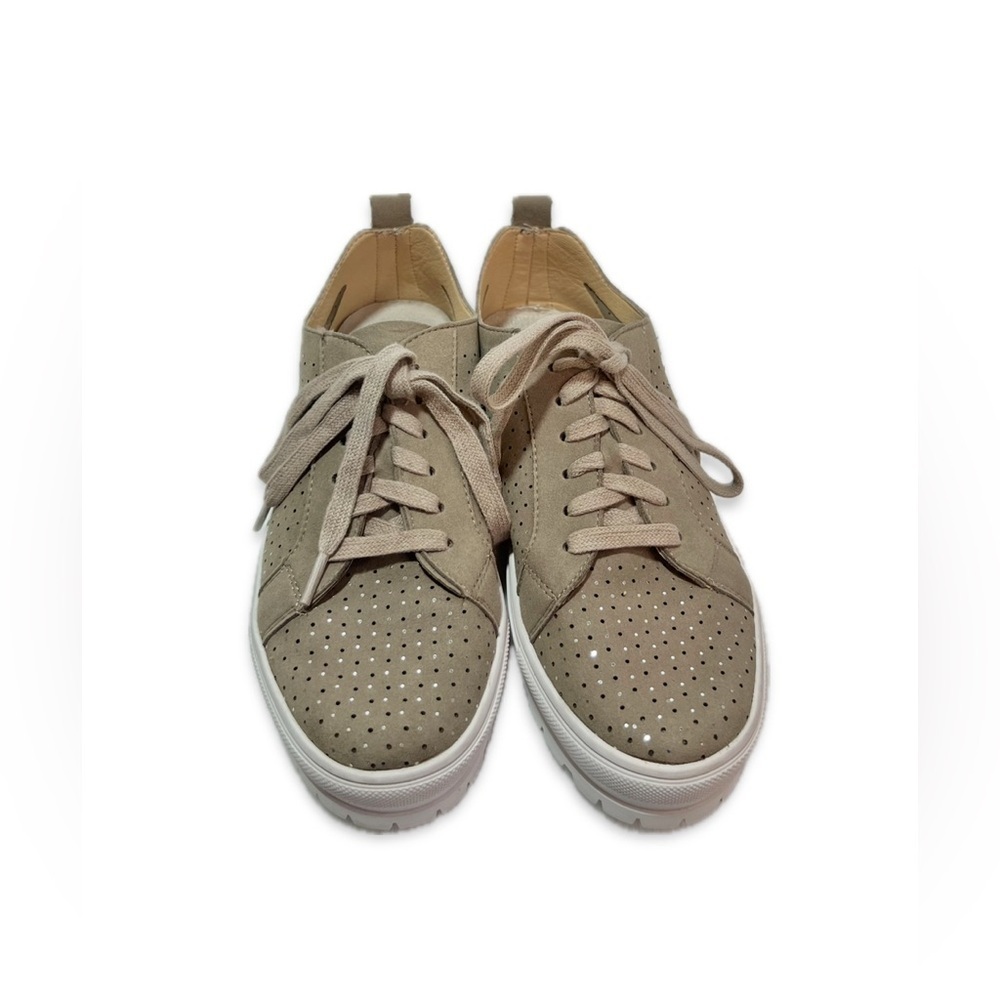 Patrizia Tan Suede Sneakers Women’s Size 7 Lace Up Shimmer Accents White Sole